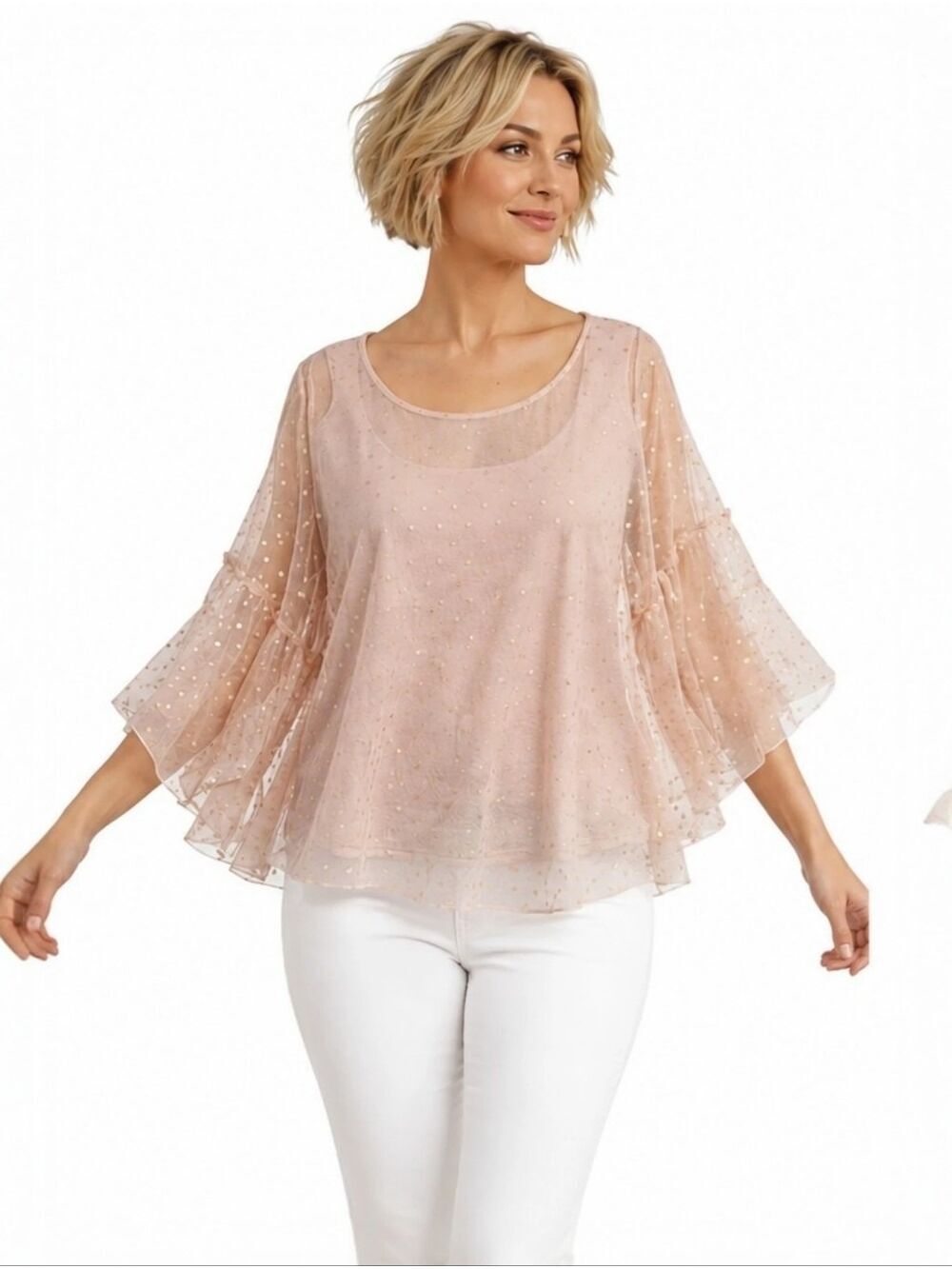 Worthington Blush Pink Gold Polka Dot Overlay Top  Size Large